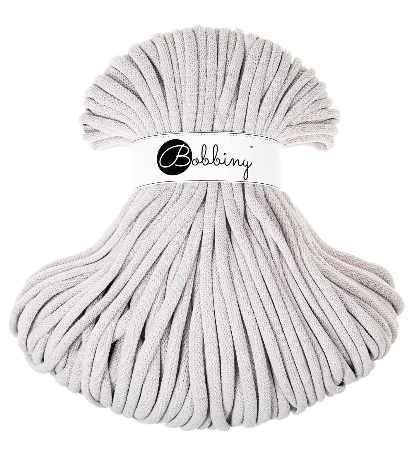 These gorgeous Bobbiny cords are made in Poland from 100% recycled cottons and are non toxic and certified safe for children. 9mm Diameter  Length 100m  Recommended for use with 14-16mm crochet hooks or knitting needles.  Perfect for use with Macrame, Crochet or Knitting.