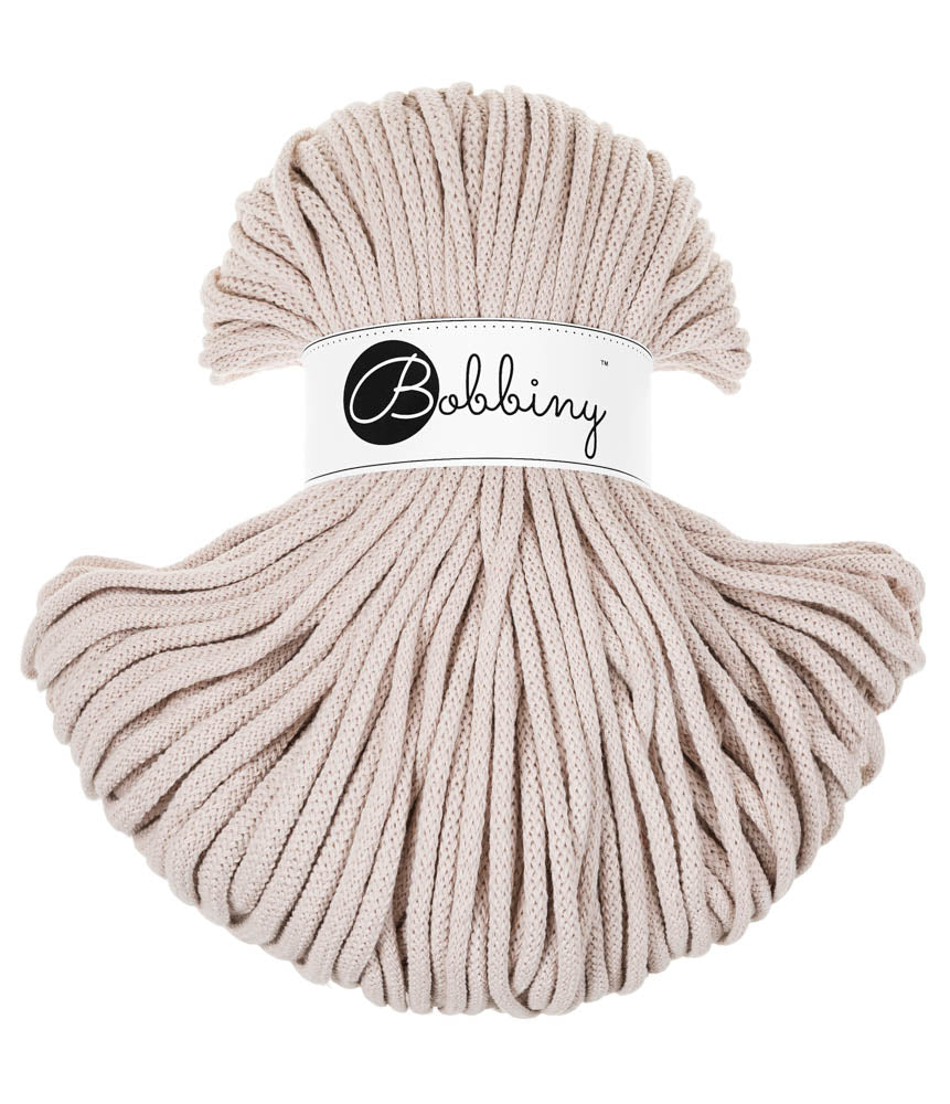 These beautiful Bobbiny cords are made in Poland from 100% recycled cottons and are non-toxic, certified safe for children and meet certified worldwide textile standards.  5mm Diameter  100 metres Length  Recommended for use with 10-12mm crochet or knitting needles  Cotton inner and outer layers, perfect for use with Macrame, Crochet or Knitting.