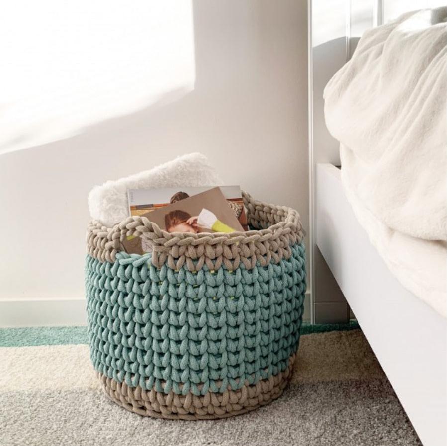 Chunky crochet basket using braided cord in 9mm in Duck Egg blue and Beige shades