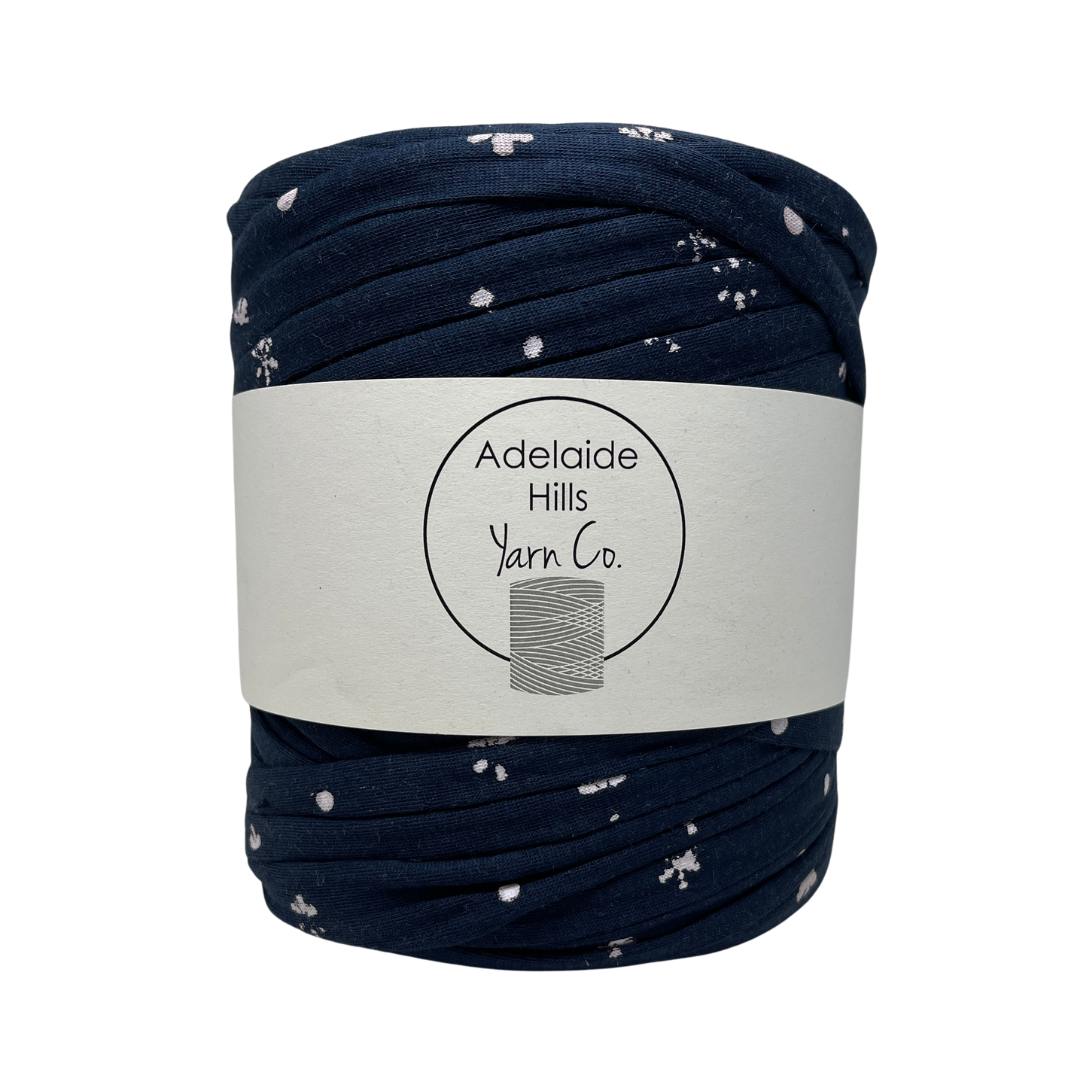 recycled tshirt yarn in navy snowflake pattern