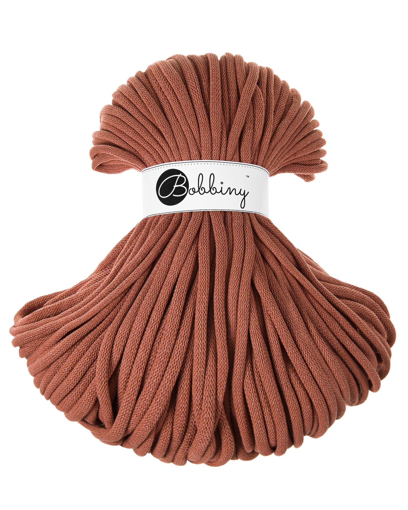 These gorgeous Bobbiny cords are made in Poland from 100% recycled cottons and are non toxic and certified safe for children.  9mm Diameter  Length 100m  Recommended for use with 14-16mm crochet hooks or knitting needles.  Perfect for use with Macrame, Crochet or Knitting.
