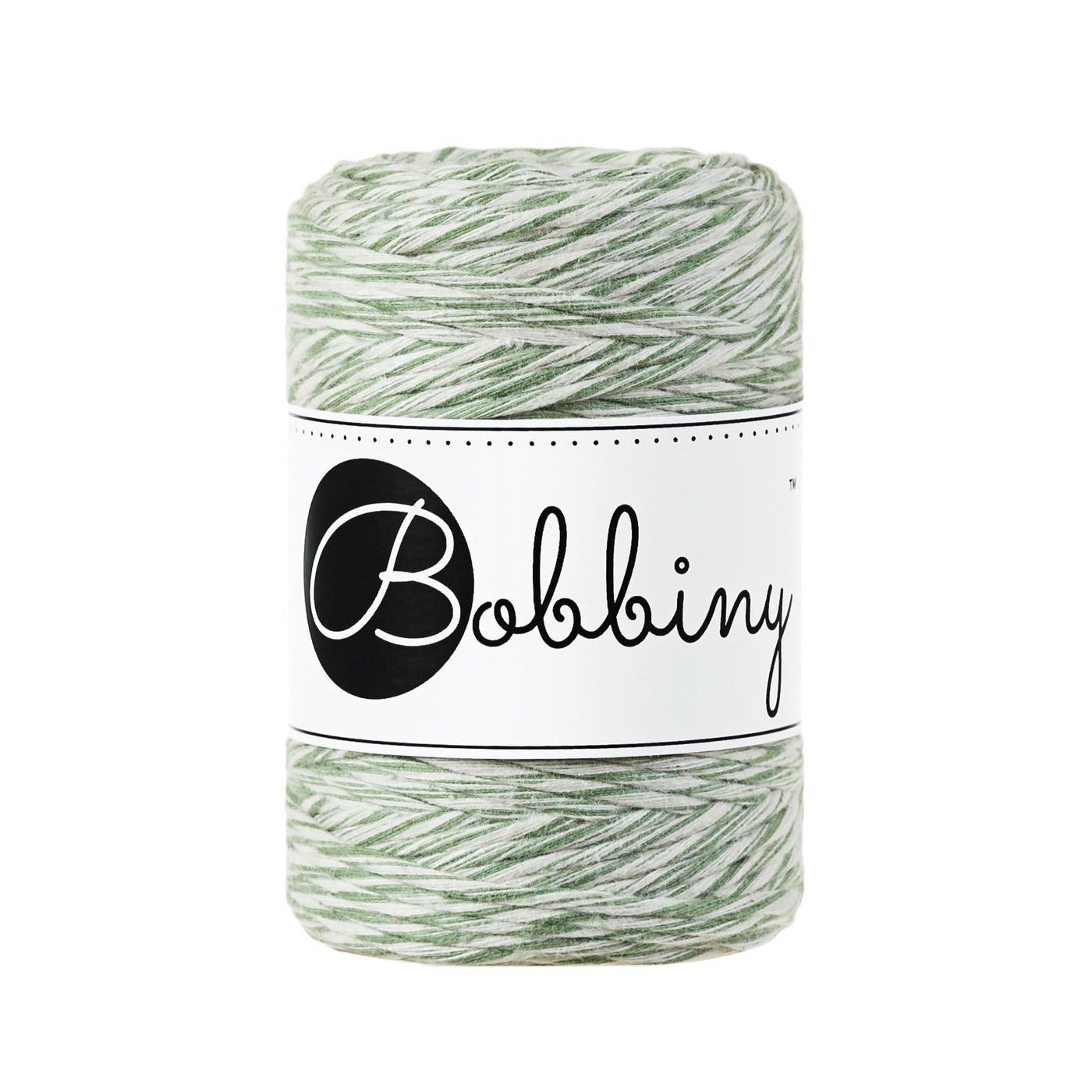 A beautiful mix of the shades EUCALYPTUS & NATURAL, this new addition to the Bobbiny range will make your fibre creations sing!  This super soft cord knots beautifully and makes a wonderful fringe.  Premium Macrame Cord 1.5mm  Length: 108 yards (100m)  Weight: 160gms  ﻿Single Twist  100% recycled cotton  28 Fibres 