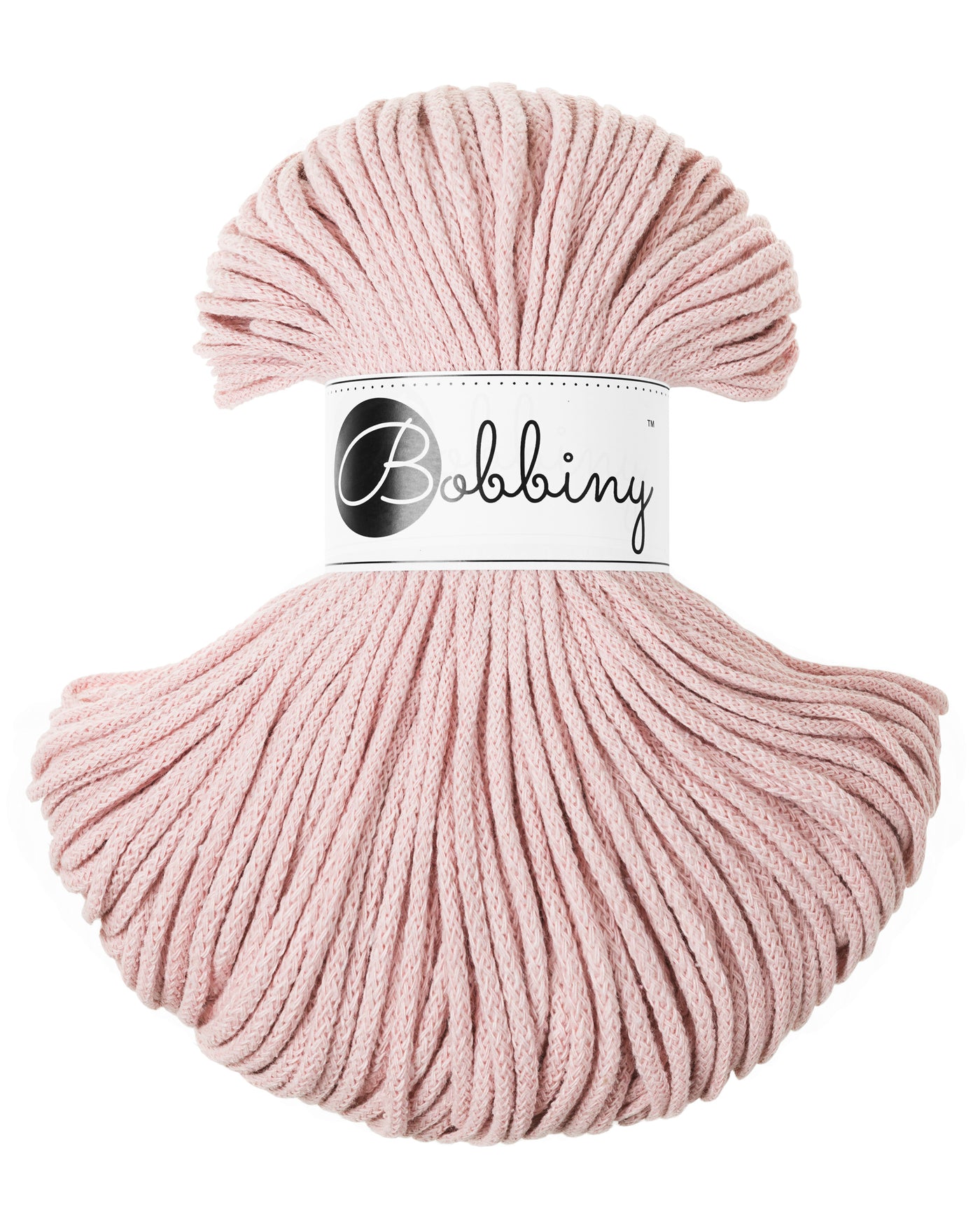 These beautiful Bobbiny cords are made in Poland from 100% recycled cottons and are non-toxic, certified safe for children and meet certified worldwide textile standards.  Shown here is the gorgeous new shade of 'Pastel Pink'  3mm Diameter  100 metres Length  Recommended for use with 8-10mm crochet or knitting needles.  Cotton inner and outer layers, perfect for use with Macrame, Crochet or Knitting.