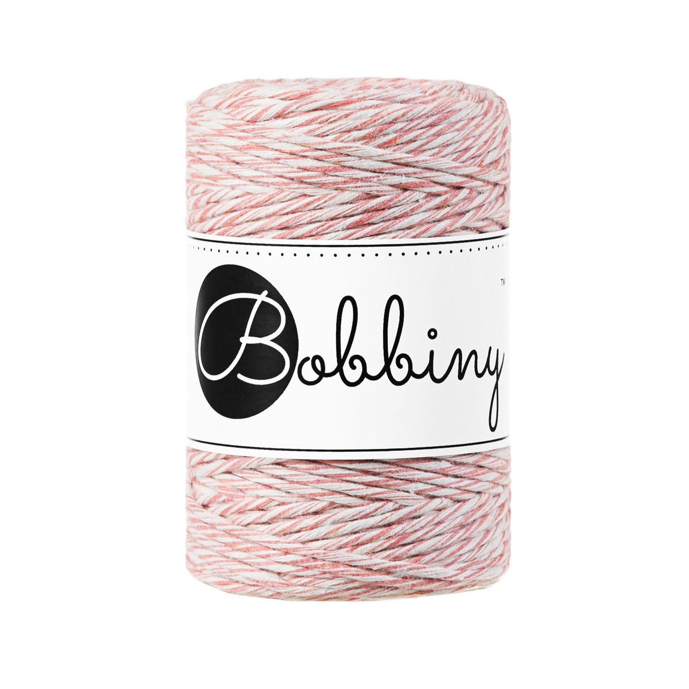 A beautiful mix of the shades BLUSH & NATURAL, this new addition to the Bobbiny range will make your fibre creations sing!  This super soft cord knots beautifully and makes a wonderful fringe.  Premium Macrame Cord 1.5mm  Length: 108 yards (100m)  Weight: 160gms  ﻿Single Twist  100% recycled cotton  28 Fibres 