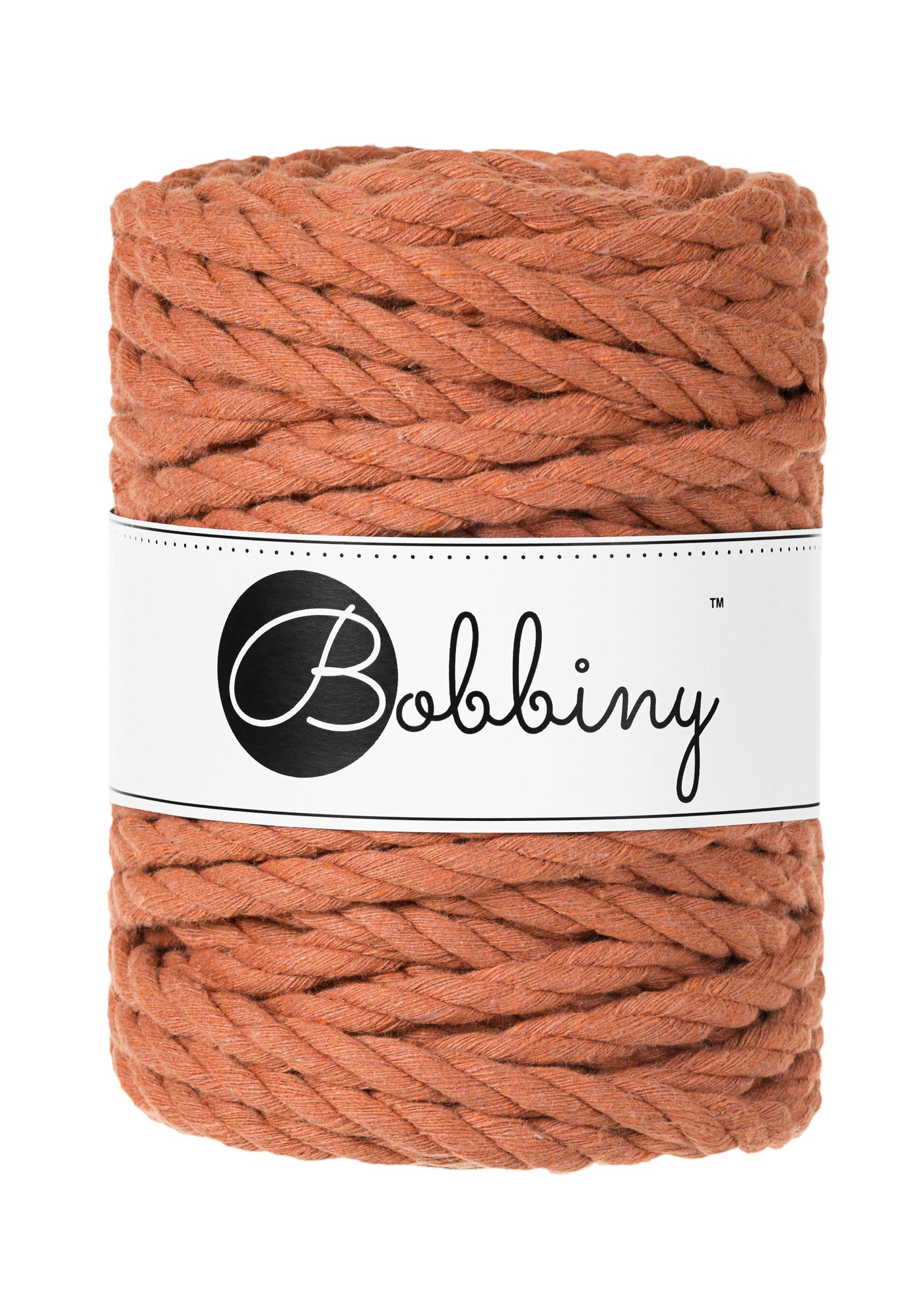 This superb product from Bobbiny is an amazing addition to their gorgeous range of products.  Shown here in the ever popular shade of 'Terracotta'  Made from 100% recycled cotton, it is perfect for Macrame projects due to its sturdiness. They are non-toxic, certified safe for children and meet certified worldwide textile standards.  This super soft triple twist rope also makes the most spectacular fringes and tassels.  