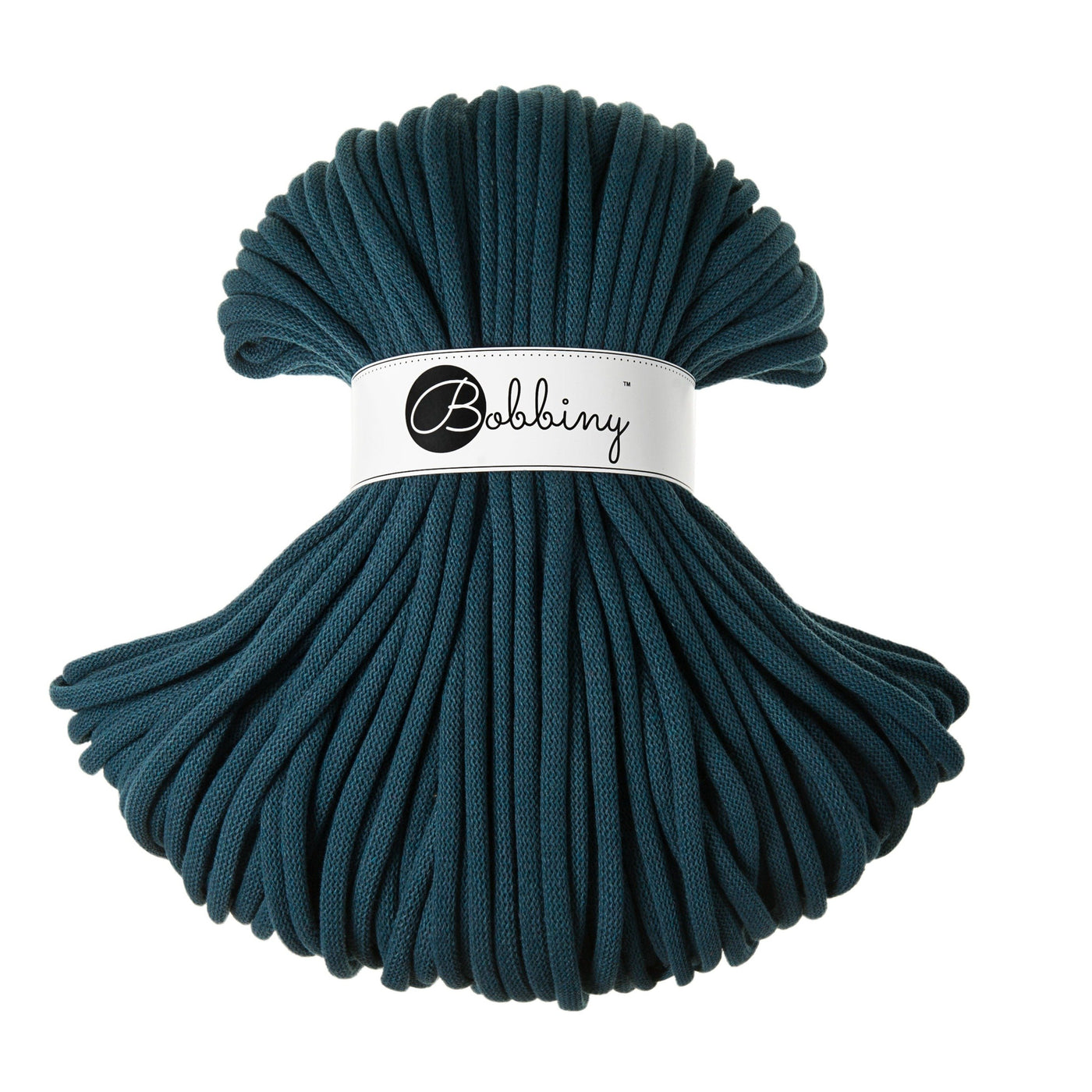 Where can I find Bobbiny Braided Cords Bobbiny Jumbo 9mm - 100m Peacock Blue? These gorgeous Bobbiny Ropes are made in Poland from 100% recycled cottons and are non toxic and certified safe for children.  9mm Diameter  Length 100m Recommended for use with 14-16mm crochet hooks or knitting needles.  Perfect for use with Macrame, Crochet or Knitting.