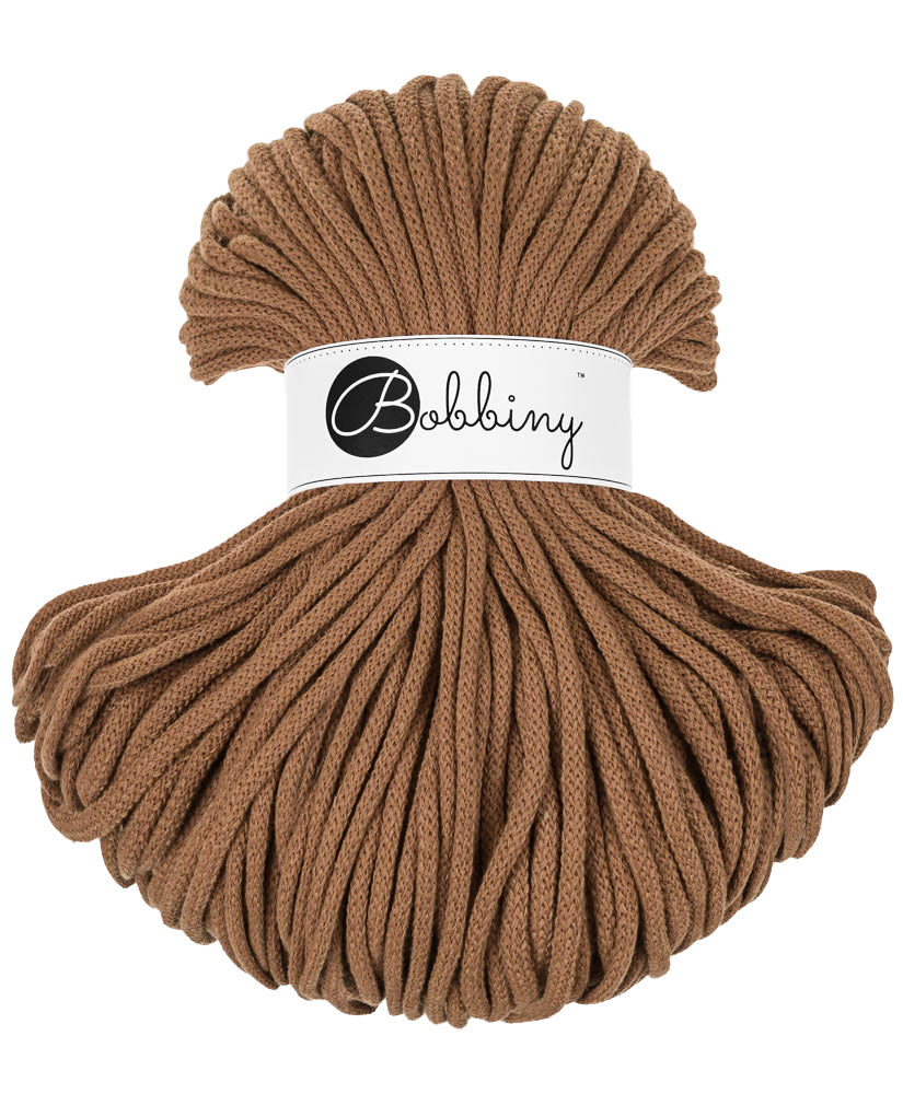 These beautiful Bobbiny cords are made in Poland from 100% recycled cottons and are non-toxic, certified safe for children and meet certified worldwide textile standards.  5mm Diameter  100 metres Length  Recommended for use with 10-12mm crochet or knitting needles  Cotton inner and outer layers, perfect for use with Macrame, Crochet or Knitting.