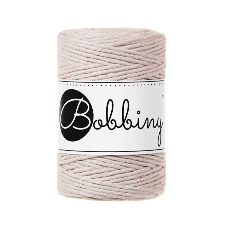 These beautiful additions to the Bobbiny range are perfect for your mini macrame projects, earrings, weavings or any other fibre art.  This super soft cord knots beautifully and makes a wonderful fringe.  Premium Macrame Cord 1.5mm  Length: 108 yards (100m)  Weight: 160gms  ﻿Single Twist  100% recycled cotton  28 Fibres 