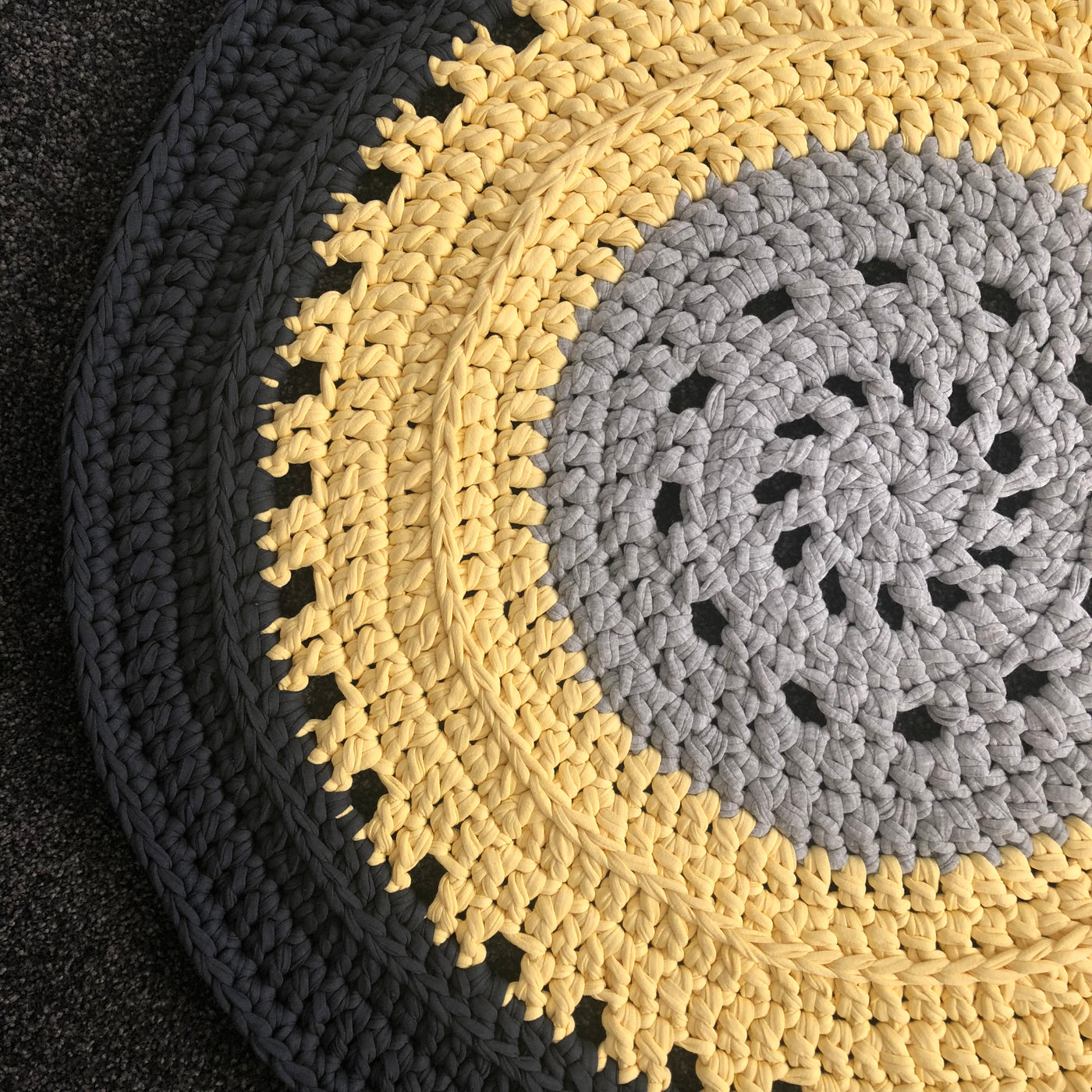 Where can I find a pattern You Are My Sunshine Floor Rug Pattern PDF? This pattern is designed using our T-shirt Yarn. Designed for advanced beginners, you will need a 12mm or similar crochet hook. You will receive a PDF copy via email within 24 hours after your order is complete, please use a valid email address for orders as this is the address that you will receive your PDF through.    