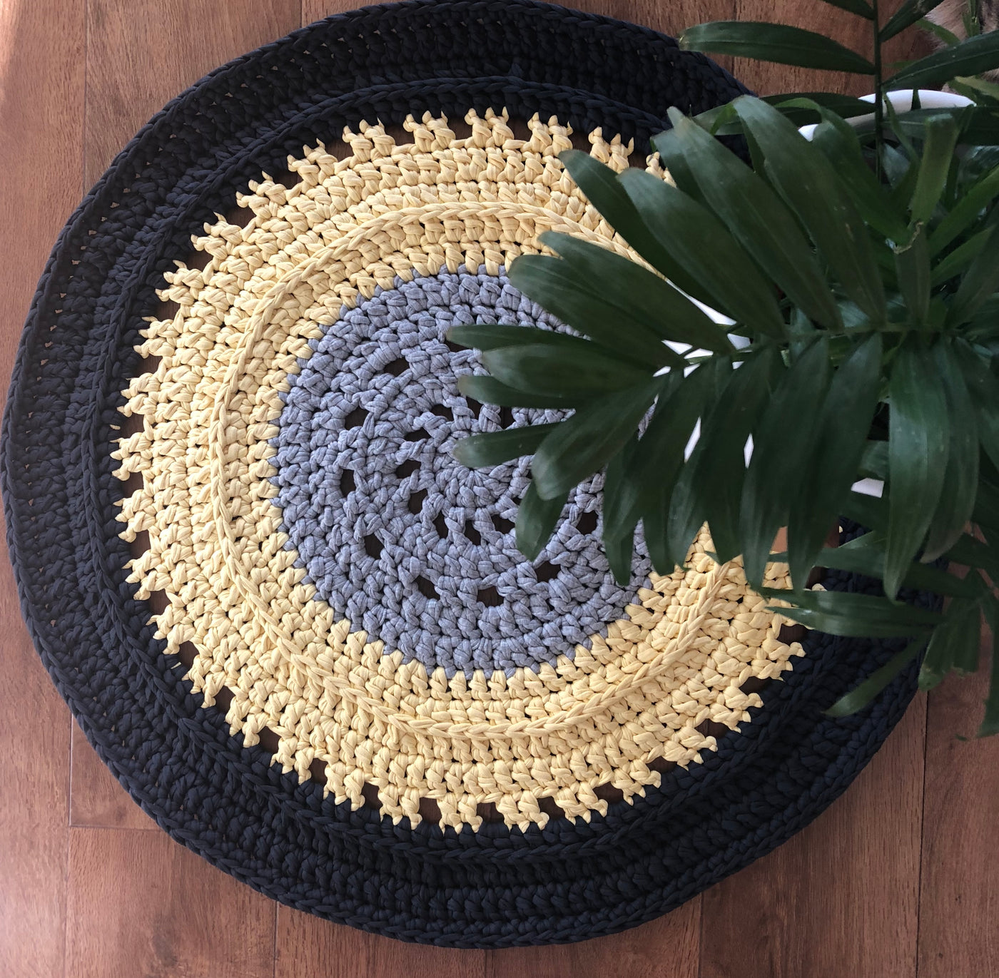 Where can I find a pattern You Are My Sunshine Floor Rug Pattern PDF? This pattern is designed using our T-shirt Yarn. Designed for advanced beginners, you will need a 12mm or similar crochet hook. You will receive a PDF copy via email within 24 hours after your order is complete, please use a valid email address for orders as this is the address that you will receive your PDF through.    