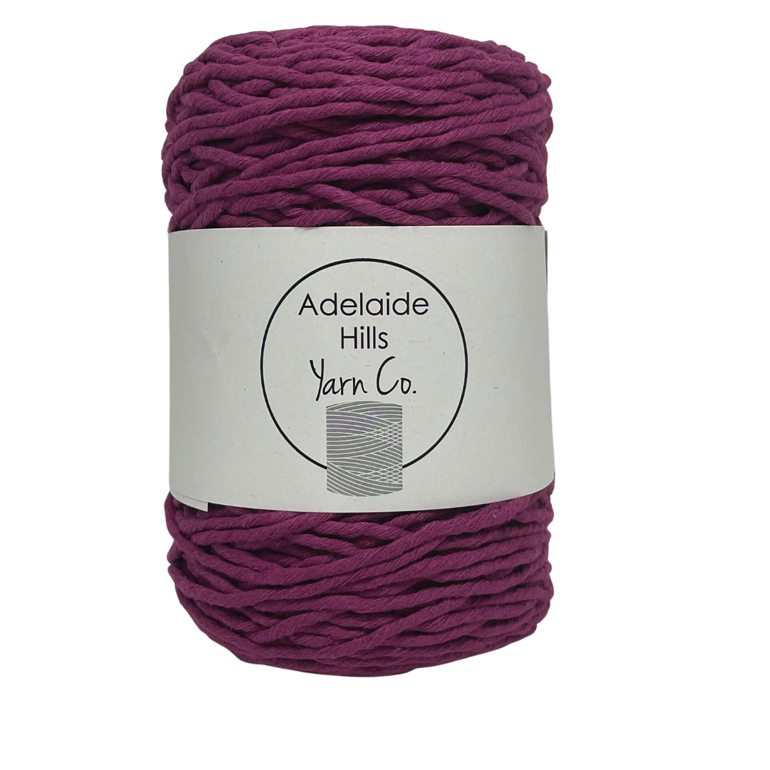 This cotton blend yarn can be put to use for crochet, weaving, knitting or even mini macrame projects, such as earrings. It is a single twist cotton made using 100%  recycled fibres.  Shown here in the beautiful 'Violet' shade  Length: 180 metres +/-  Weight: 250gms +/-  12/14 ply, Super Bulky  Approx 2.5mm width  Hook Size : 5-10mm hooks  Available in a huge variety of colours 