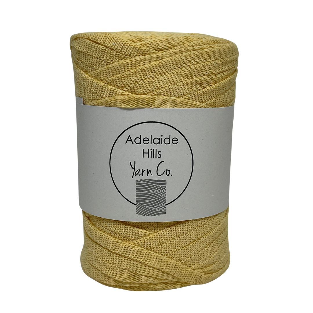 Where can I find Ribbon Yarn? is a beautifully soft woven tape-like fibre perfect for use with crochet, knitting, weaving or any fibre art. Made from 100% recycled fibres.   Shown here in the beautiful 'Buttercup yellow' shade.   Length: 130metres +/-  Weight: 250gms +/-  For use with approx 7mm or above hooks depending on your project